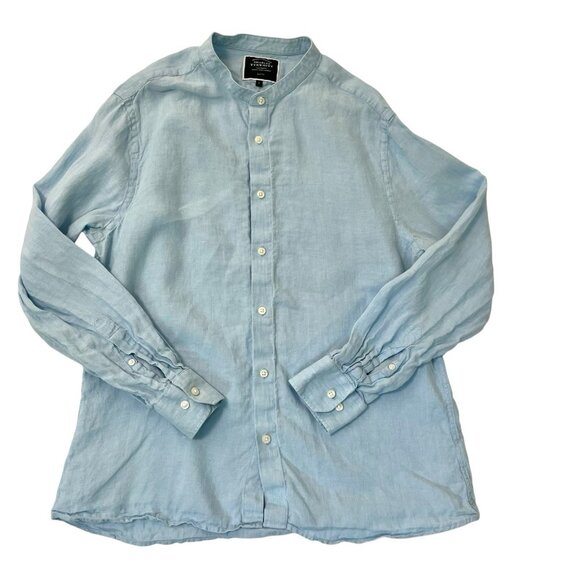 Charles Tyrwhitt 100% Linen Slim Fit Mandarin Collar Shirt Baby Blue size Large - Picture 1 of 4